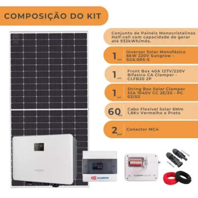 Segunda imagem do produto Kit Solar Monocristalino 932,4kWh/mês Inversor Sungrow 6kW 220V