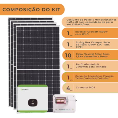 Segunda imagem do produto Kit Solar Monocristalino Canadian 2,2kWp ou 233kwh/mês Growatt