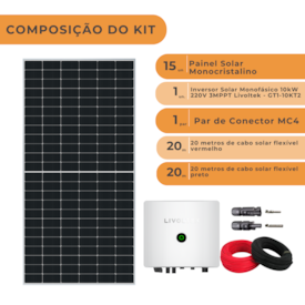 Segunda imagem do produto Kit Solar Monocristalino Residencial 1.053Wh/mês Livoltek 10kW 220V