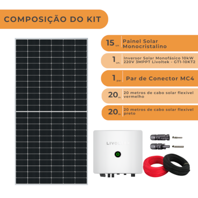 Segunda imagem do produto Kit Solar Monocristalino Residencial 1.053Wh/mês Livoltek 10kW 220V