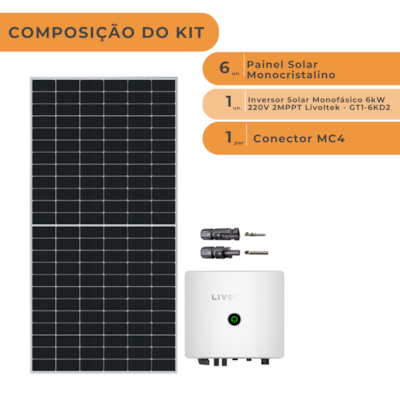 Segunda imagem do produto Kit Solar Monocristalino Residencial 210,6kWh/mês Livoltek 6kW 220V