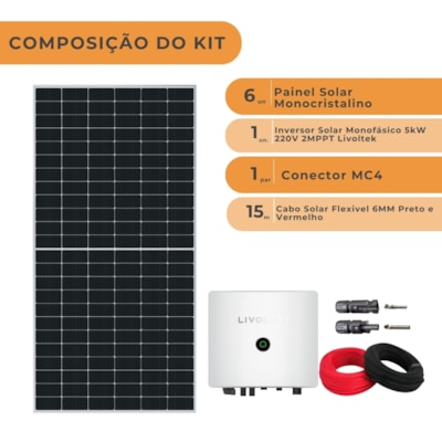 Segunda imagem do produto Kit Solar Monocristalino Residencial 432kWh/mês Livoltek 5kW 220V