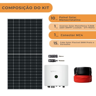 Segunda imagem do produto Kit Solar Monocristalino Residencial 702kWh/mês Livoltek 7,5kW 220V