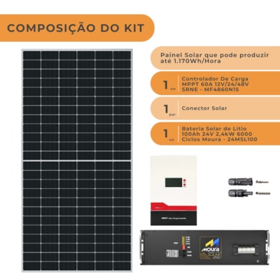 Segunda imagem do produto Kit Solar Off-Grid 1.170W/H Com Bateria Lítio Moura 100Ah 24V