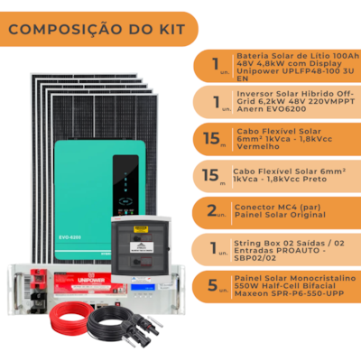 Segunda imagem do produto Kit Solar Off Grid 2,75kWp com Bateria de Lítio Unipower 4,8kWh e Inversor 6,2kW 220V Anern