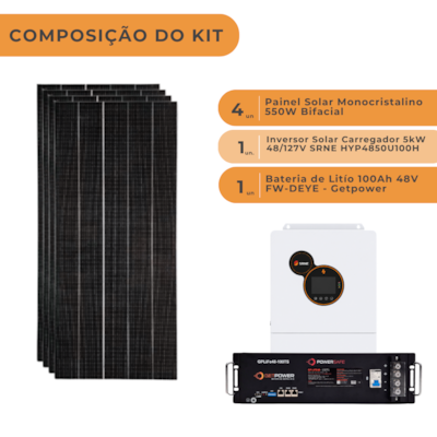 Segunda imagem do produto Kit Solar Off Grid 264kWh com Inversor Carregador 5kW SRNE e Bateria de Lítio Getpower