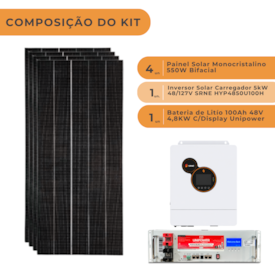 Segunda imagem do produto  Kit Solar Off Grid 264kWh com Inversor Carregador 5kW SRNE e Bateria de Lítio Unipower 