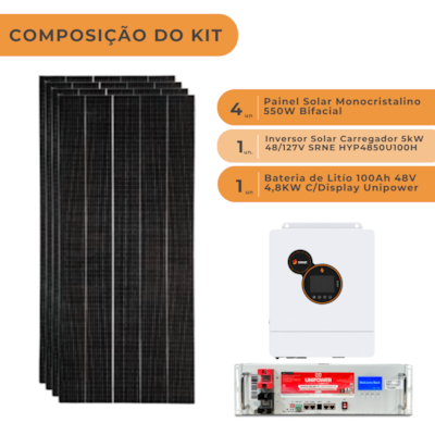 Segunda imagem do produto  Kit Solar Off Grid 264kWh com Inversor Carregador 5kW SRNE e Bateria de Lítio Unipower 