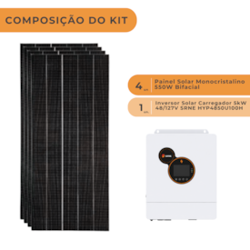 Segunda imagem do produto  Kit Solar Off Grid 264kWh/Mês com Inversor Carregador 5kW 48V/127V SRNE 
