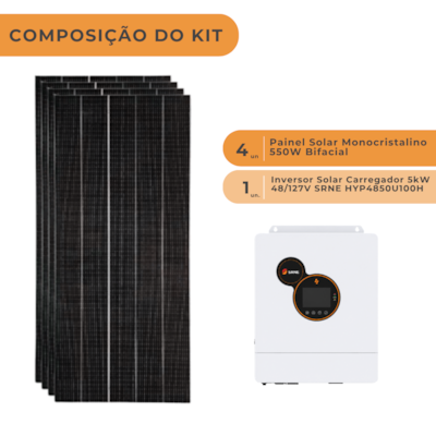 Segunda imagem do produto Kit Solar Off Grid 264kWh/Mês com Inversor Carregador 5kW 48V/127V SRNE