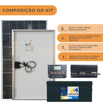 Segunda imagem do produto Kit Solar Off-grid 480W Monocristalino com Bateria Moura 234Ah
