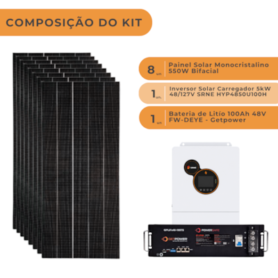 Segunda imagem do produto Kit Solar Off Grid 528kWh com Inversor Carregador 5kW SRNE e Bateria de Lítio Getpower