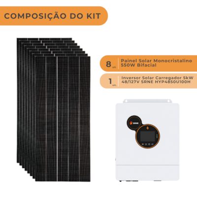 Segunda imagem do produto Kit Solar Off Grid 528kWh/Mês com Inversor Carregador 5kW 48V/127V SRNE
