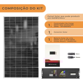 Segunda imagem do produto Kit Solar Off-Grid 640W/H Com Bateria Lítio Moura 100Ah 24V