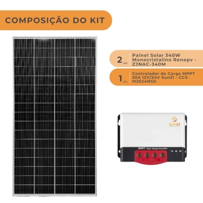 Segunda imagem do produto Kit Solar Off-grid 680W/h Monocristalino com Controlador de Carga 30A 24V MPPT