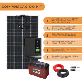 Segunda imagem do produto Kit Solar Off Grid com Painel Flexível 250W + Bateria Freedom 220Ah + Inversor + Cabos e Conectores