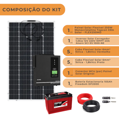 Segunda imagem do produto Kit Solar Off Grid com Painel Flexível 250W + Bateria Freedom + Inversor + Cabos e Conectores