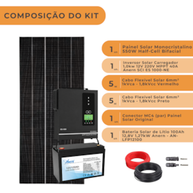 Segunda imagem do produto Kit Solar Off Grid Inversor Carregador Anern 1kW 12/220V com Bateria de Litio 12V 100Ah Anern