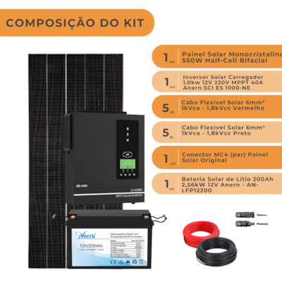 Segunda imagem do produto Kit Solar Off Grid Inversor Carregador Anern 1kW 12/220V com Bateria de Litio 12V 200Ah Anern