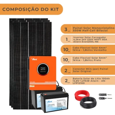 Segunda imagem do produto Kit Solar Off Grid Inversor Carregador Anern 4,2kW 24/220V com 2 Baterias de Litio 12V 100Ah Anern