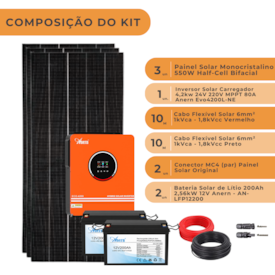 Segunda imagem do produto Kit Solar Off Grid Inversor Carregador Anern 4,2kW 24/220V com 2 Baterias de Litio 12V 200Ah Anern