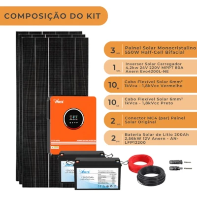 Segunda imagem do produto Kit Solar Off Grid Inversor Carregador Anern 4,2kW 24/220V com 2 Baterias de Litio 12V 200Ah Anern
