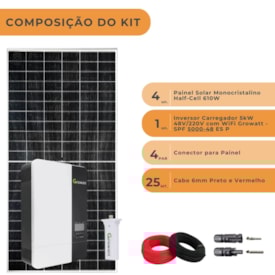 Segunda imagem do produto Kit Solar Offgrid 2,44kWp 4 Painel 610W Inversor Growatt 5kW 220V