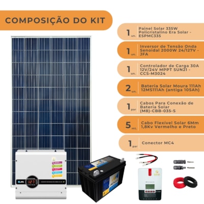 Segunda imagem do produto Kit Solar Painel Solar 335W com Inversor 2000W 24V/127 e Bateria 111Ah