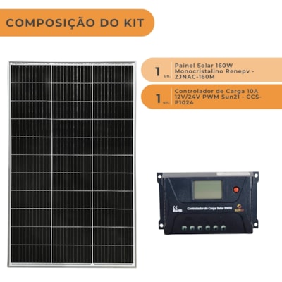 Segunda imagem do produto Kit Solar Placa Solar 160W com Controlador de Carga 10A 12V PWM