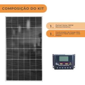 Segunda imagem do produto Kit Solar Placa Solar 160W com Controlador de Carga 60A 12V PWM