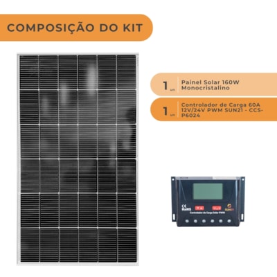 Segunda imagem do produto Kit Solar Placa Solar 160W com Controlador de Carga 60A 12V PWM