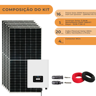 Segunda imagem do produto Kit Solar Residencial 1065,6kW/mês Cabos MC4 Deye 220V