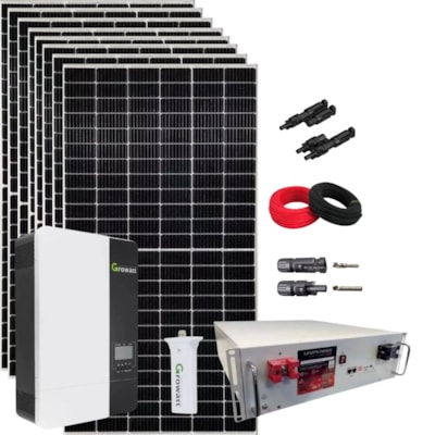 Kit Solar Rural 532,8kWh/mês Inversor Growatt 3kW 48V/127V Bateria Lítio