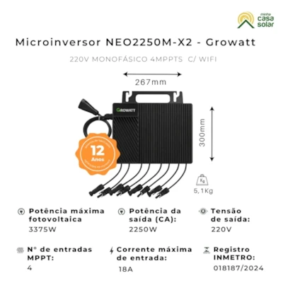 Segunda imagem do produto Microinversor 2,25kW 220V Monofásico 4MPPT com Wifi NEO2250M-X2 - Growatt