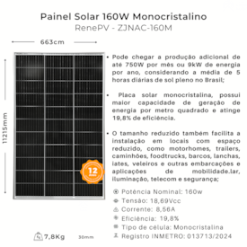 Segunda imagem do produto Painel Solar 160W Monocristalino Renepv (Compatível com 150W/155W) - ZJNAC-160M