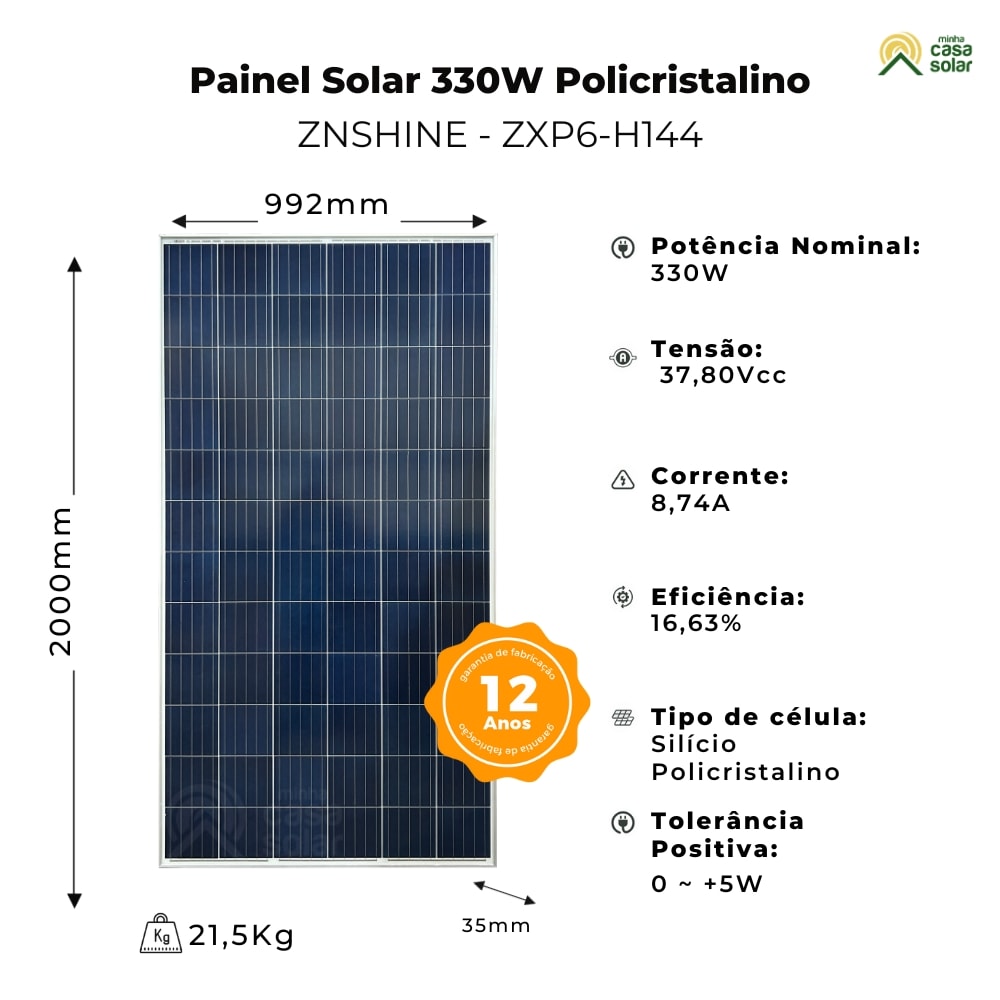 Painel Solar 330W Policristalino Znshine - ZXP6-H144-330P