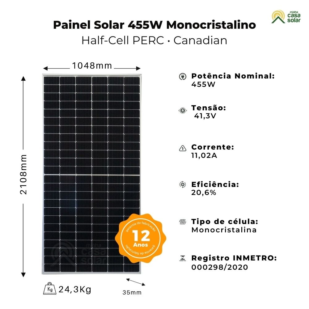 Painel Solar 455W Monocristalino Half-Cell Canadian - CS3W455MS