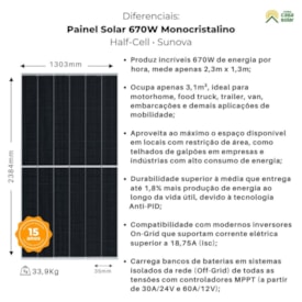 Segunda imagem do produto Painel Solar 670W Monocristalino Half-Cell Sunova - SS 670 66MDH