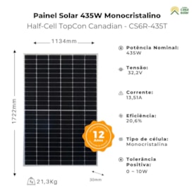 Segunda imagem do produto Painel Solar Canadian Monocristalino 435W Half-Cell - CS6R 435T