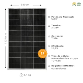 Segunda imagem do produto Painel Solar Monocristalino 160W (Compatível 150W/155W) RenePV - ZJNAC-160MS