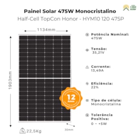 Segunda imagem do produto Painel Solar Monocristalino 475W HalfCell Honor 
