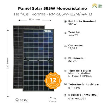 Segunda imagem do produto Painel Solar Monocristalino 585W Bifacial Ronma - RM-585W-182M/144TB