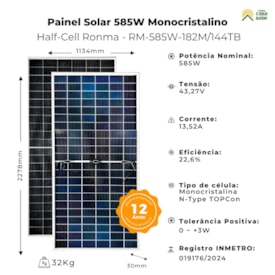 Segunda imagem do produto Painel Solar Monocristalino 585W Bifacial Ronma - RM-585W-182M/144TB