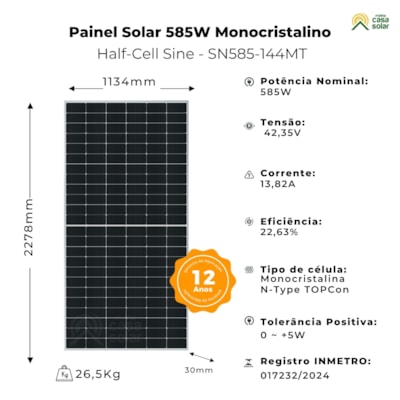 Segunda imagem do produto Painel Solar Monocristalino 585W Half-Cell Sine Energy SN585-144MT