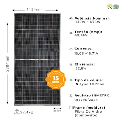 Segunda imagem do produto Painel Solar Monocristalino 610W Bifacial Osda ODA610-33V-MHDRZ
