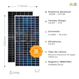 Segunda imagem do produto Painel Solar Monocristalino 610W Bifacial Ronma RM-610-182R/132TB