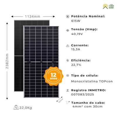 Segunda imagem do produto Painel Solar Monocristalino 615W Bifacial Half-Cell TOPCon ZY615G12RNHB-132
