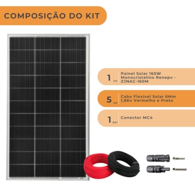 Segunda imagem do produto Placa Solar Monocristalino 160W com Conector MC4 e Cabos