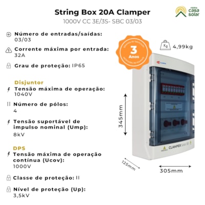 Segunda imagem do produto String Box Solar 32A 1000V CC 3E/3S Clamper - SBC 03/03