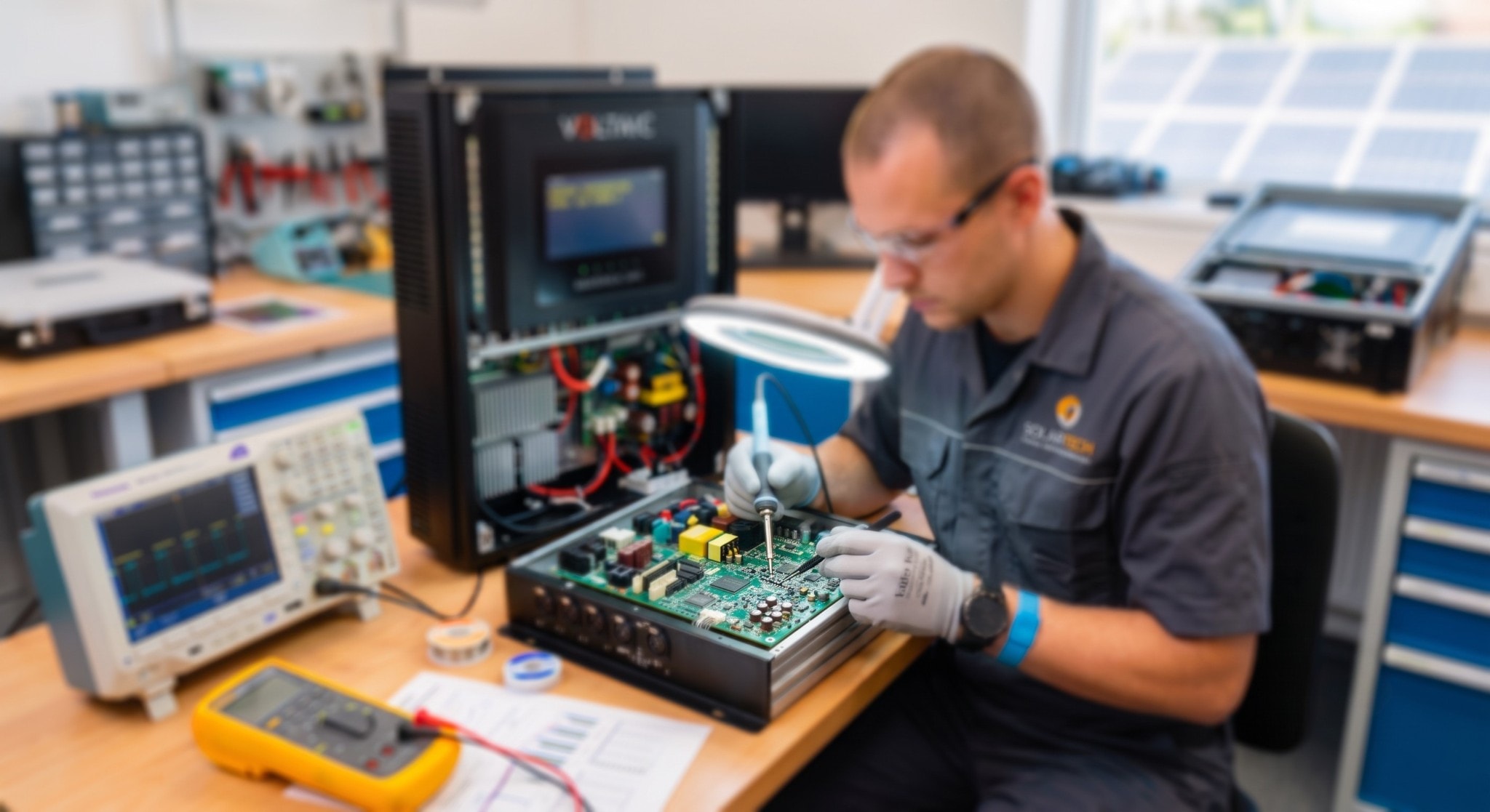 Técnico realizando manutenção em equipamento solar